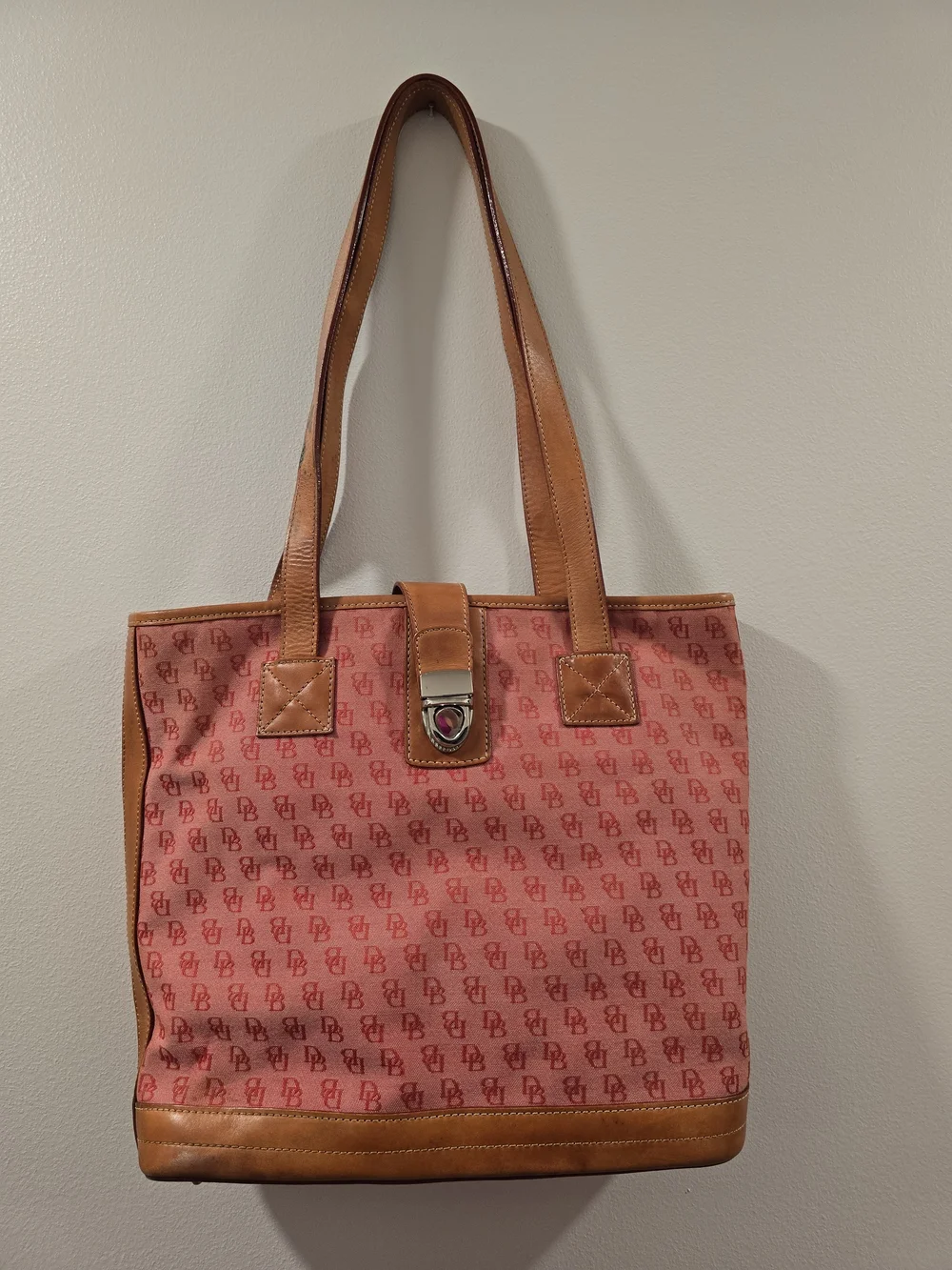 Vintage Y2K Dooney & Bourke Red Monogram Canvas Medium Shopper Tote Bag